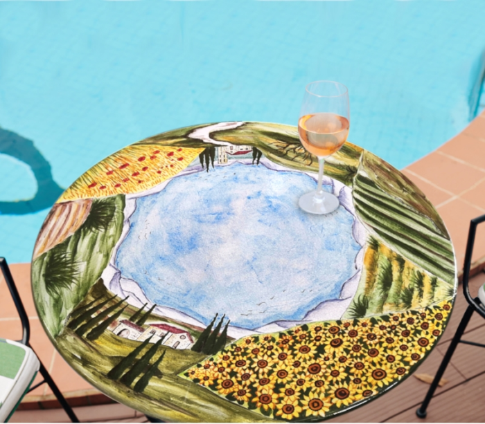 Paesaggio Umbro, ručne maľovaný okrúhly stôl z lávového kameňa