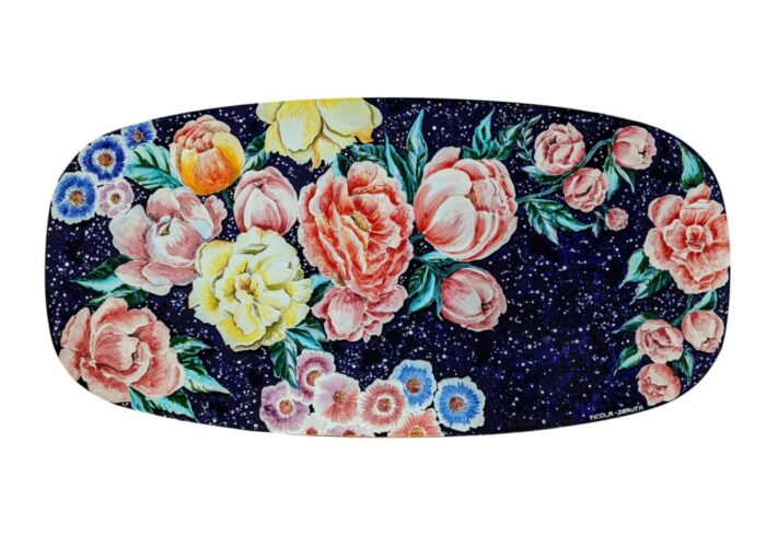 Peonie, ručne maľovaný oválny stôl z lávového kameňa